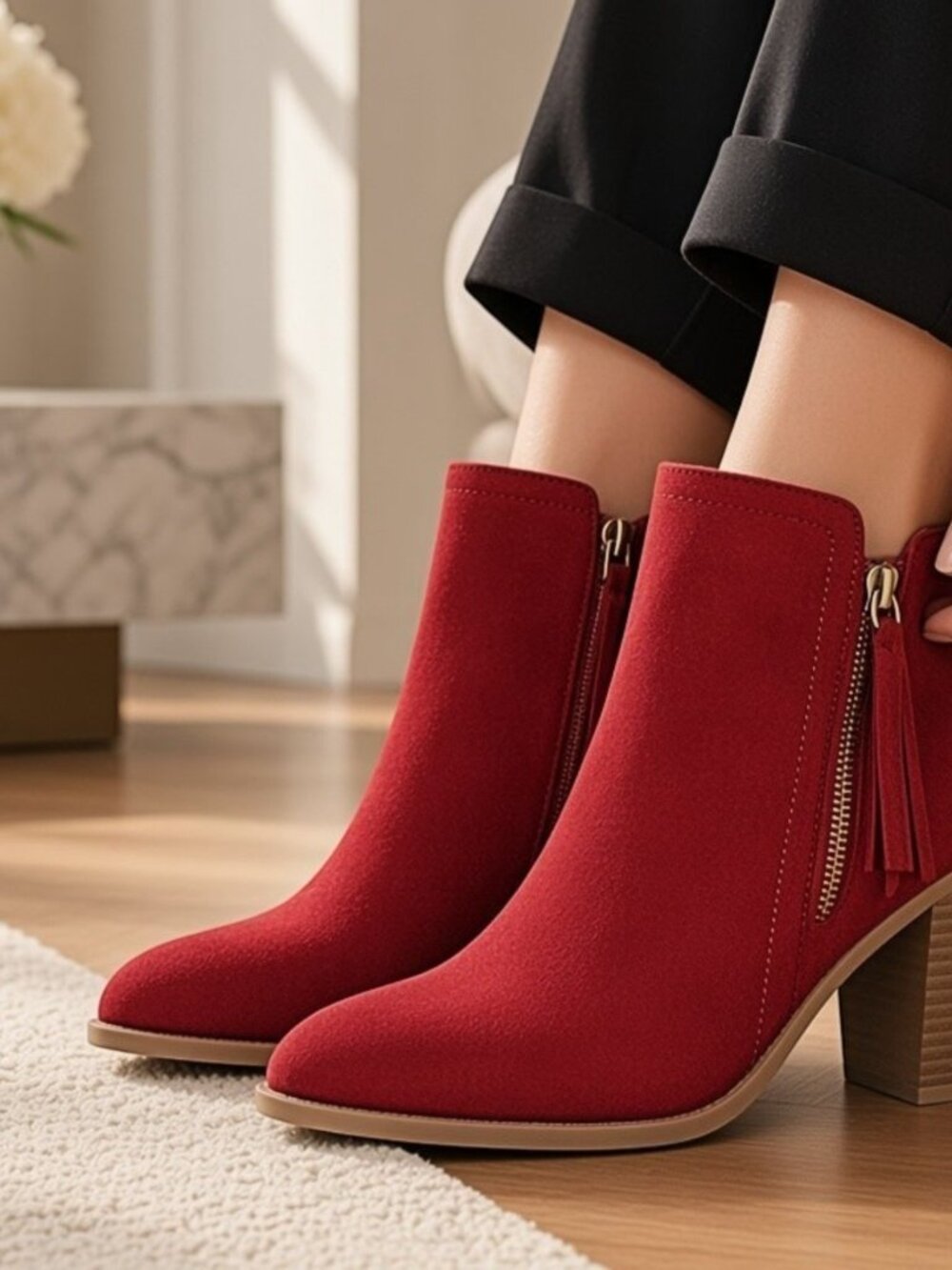 Rich Wine Suede Double Zip Tassel Ankle Boots Stacked Heel Booties